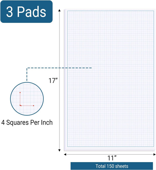3 Pads 11X17 Inches Graph Paper, Large Grid Paper, Two Side Drafting Paper, Architect Graph Paper, Blueprint Paper(4 Squares Per Inch, 50 Sheets Each Pad)