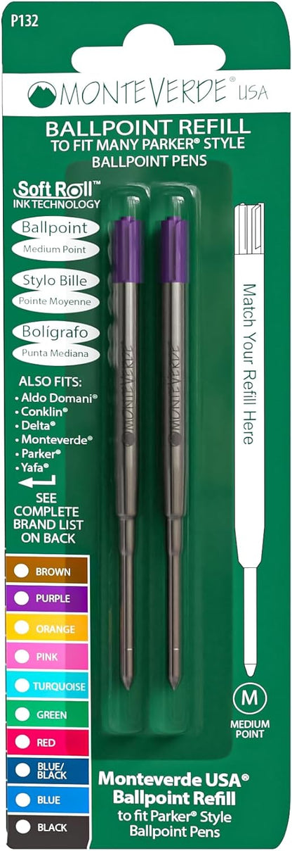 Monteverde Soft Roll Ballpoint Pen Refills to Fit Parker-Style Pens, Medium Point, Brown, 2-Pack, Smooth Writing Technology for Parker, Conklin, Schmidt, and More