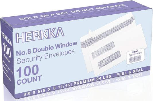 #8 Double Window Security Check Envelopes, No.8 Double Window Bussiness Envelopes Designed for QuickBooks Checks - Computer Printed Checks - 3 5/8 X 8 11/16 (NOT for INVOICES) - 24 LB - 1000 PACK