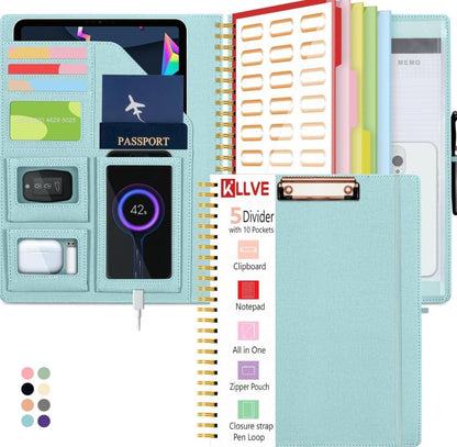 Grey Foldable Spiral Clipboard Folio with Storage Zipper Pouch, 5 Plastic Folders with Pockets,Refillable Lined Notepad (8.5" x 11"), Hardcover Project Organizer with 39 Stickers