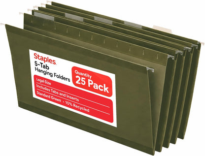 Staples Hanging File Folders, Legal Size, Straight‑Cut Tabs, Standard Green, Durable Filing Solution – 25/Box