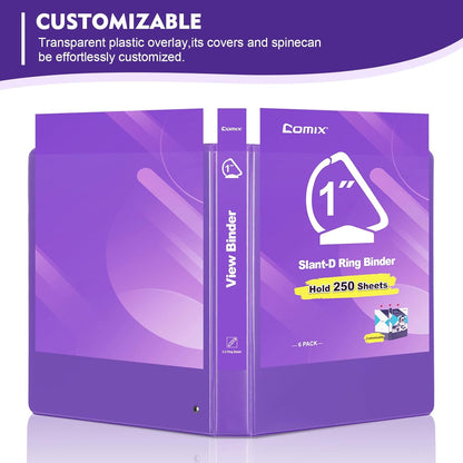 COMIX Sturdy 1 Inch Binders 3 Ring with Clear View Cover, 1" Slant-D Ring View Binder Holds 225 Sheets of US Letter Size Paper, 6 Pack (Green)