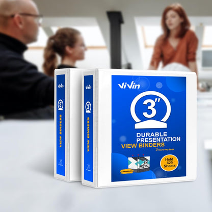 3 Ring Binder 1-1/2 Inch, ViVin Sturdy 1.5"-Round Ring Binder with 2 Interior Pockets, Clear View Cover, PVC-Free, Fits 300 Sheets of 8.5'' x 11'' Paper, Office Home School (6 Pack, White)