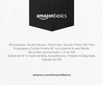 Amazon Basics #9 Security Tinted Double Window Envelopes for Invoices and Documents, Self-Seal, 3-7/8" x 8-7/8", White, 500-Pack