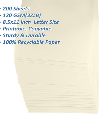 200 Sheets Ivory Printer Paper 8.5x11, 32 lb/120 gsm Stationery Paper, Cream Cardstock Paper Sheets for Printing, Copy, Crafts, Letters, Invitations, Laser & Inkjet Printer Compatible