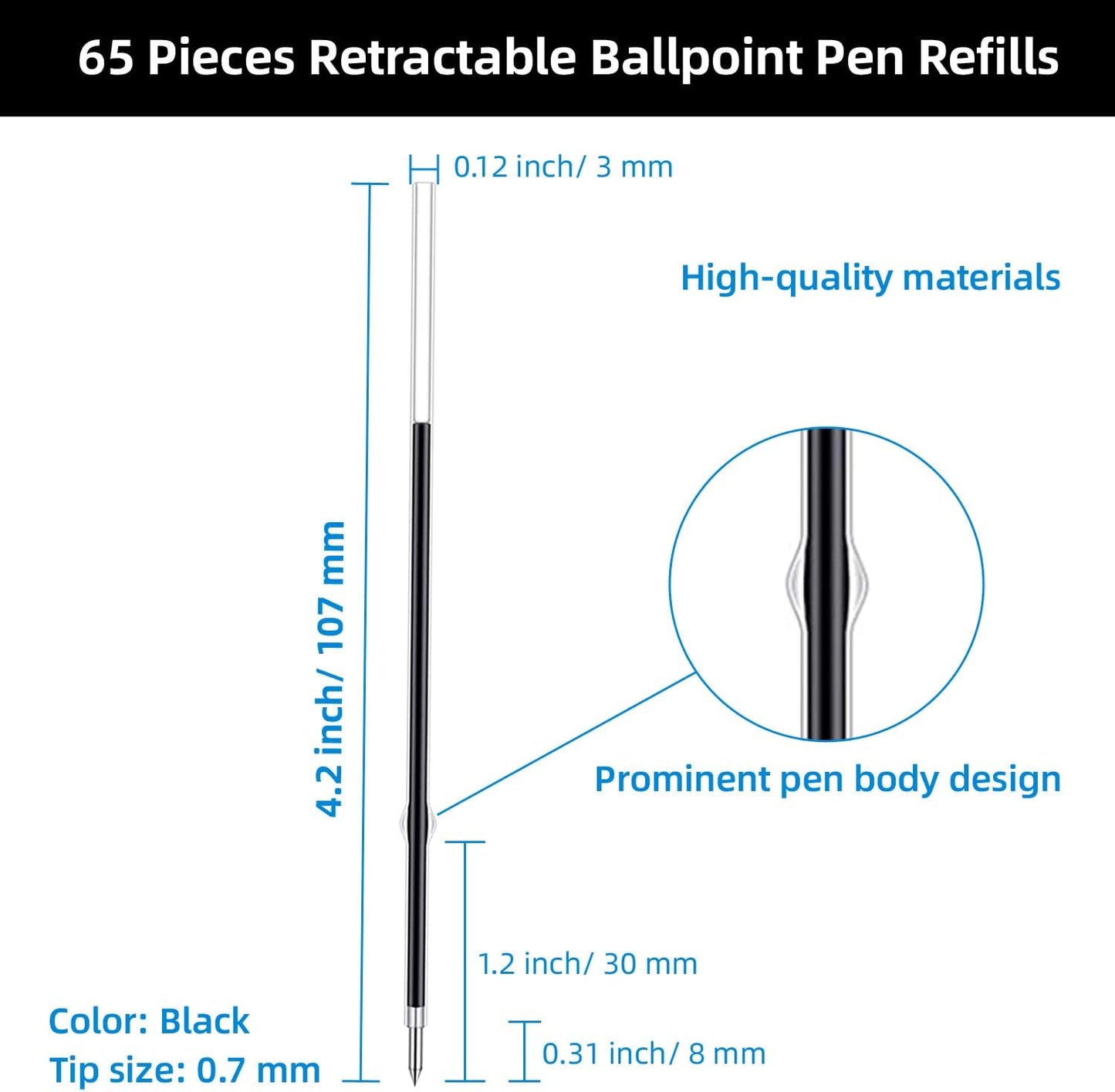 65 Pieces Retractable Ballpoint Pen Refills Replacement Ballpoint Pen Refills Ink Pen Refills Black for Journal Writing, Office and School Supplies, 107 mm in Length (Black,0.7 mm)