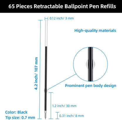 65 Pieces Retractable Ballpoint Pen Refills Replacement Ballpoint Pen Refills Ink Pen Refills Black for Journal Writing, Office and School Supplies, 107 mm in Length (Black,0.7 mm)