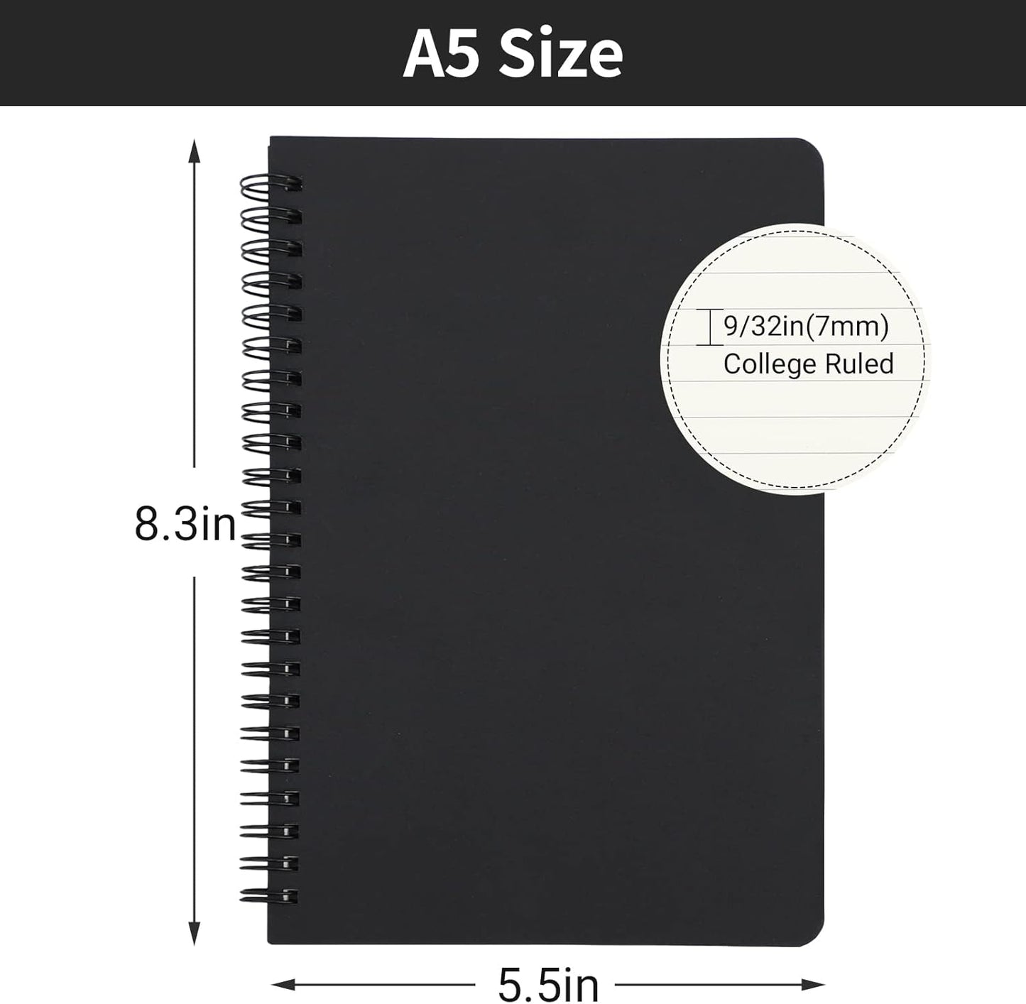 EUSOAR Spiral Notebook, A5 12packs 5.5"X8.3" 120 Pages Lined Travel Writing Notebooks Journal, Memo Notepad Sketchbook, Students College Office Business Subject Diary Ruled Book Journal-Black Cover