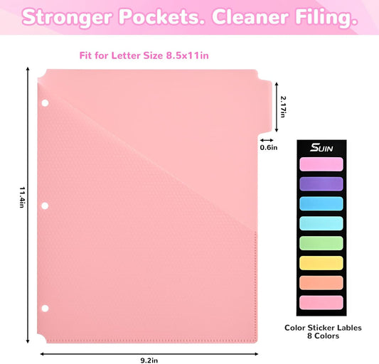 SUIN 5-Tab Binder Dividers with Pockets - Heavy Duty Plastic Dividers for 3 Ring Binder, Letter Size Poly Page Separators with Tabs & Label Stickers, Diamond Texture, 5 Pastel Colors, 2-Pack