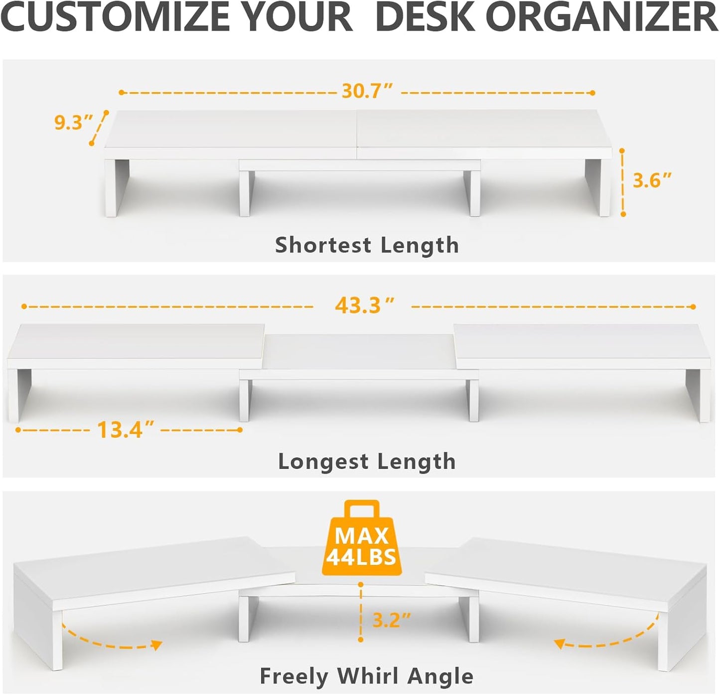 TAVR Dual Monitor Stand Riser Office Desktop Organizer Stand for 2 Monitors, Adjustable Length and Angle 3 Shelf, Extra Long Multifunctional Wooden Stand up to 43.3" fit Computer, Laptop, TV, Black