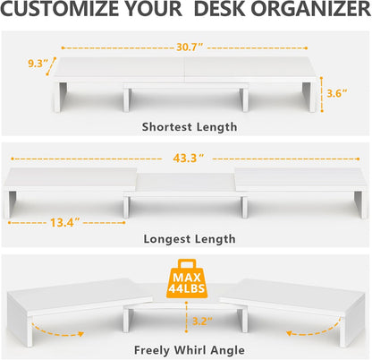 TAVR Dual Monitor Stand Riser Office Desktop Organizer Stand for 2 Monitors, Adjustable Length and Angle 3 Shelf, Extra Long Multifunctional Wooden Stand up to 43.3" fit Computer, Laptop, TV, Black