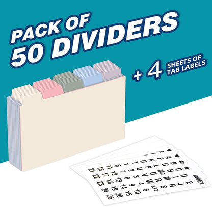 Chell 3x5 Plastic Index Card Dividers, Morandi Colors, Heavyweight Poly Index Card Guides A-Z, with Alphabetical/Blank Stickers, Pack of 25