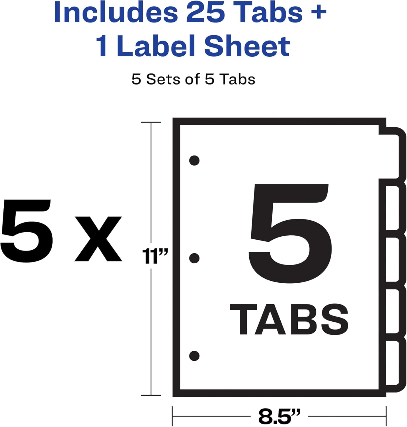 Avery 5 Tab Dividers for 3 Ring Binder, Easy Print & Apply Clear Label Strip, Index Maker Customizable White Tabs, 25 Sets (11446)