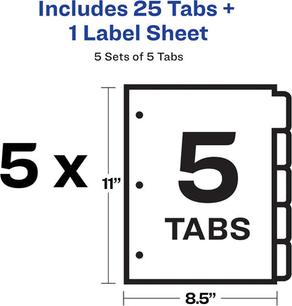 Avery 5 Tab Dividers for 3 Ring Binder, Easy Print & Apply Clear Label Strip, Index Maker Customizable White Tabs, 25 Sets (11446)