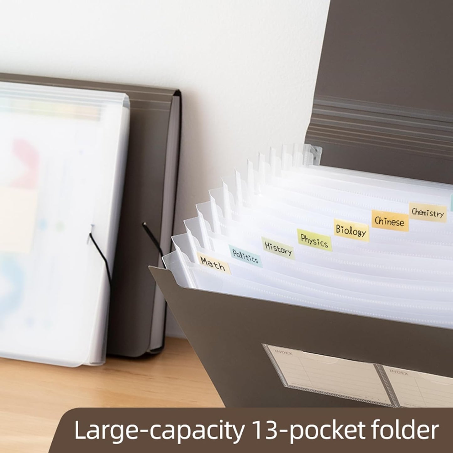 Expanding File Folder with Tabs, 13 Pockets File Organizer Accordion File Holder ，with Elastic Buckles Closure, A4 Paper Document Organizer for Home School Office (1, Transparent White)