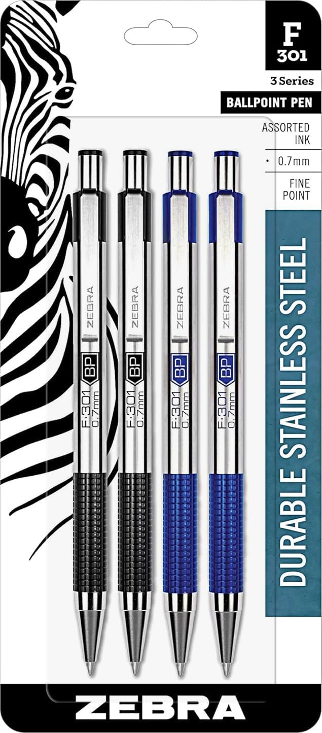 Zebra F-301 Retractable Ballpoint Pen with Stainless Steel Barrel 0.7mm Fine Point - Pack of 4; 2 Black & 2 Blue
