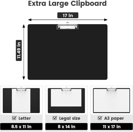 Extra Large 11x17 Clipboards, Plastic Black Drawing Boards, Horizontal Clip Board, Landscape Layout. Suitable for Watercolor, Sketching, Painting. Art & Drafting Supply