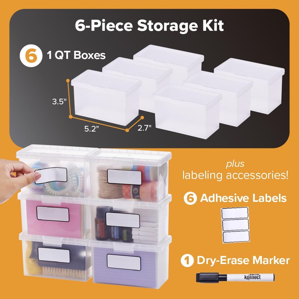 Bostitch Konnect Storage Containers with Lids, Office Organizer, Clear Plastic Box, Stackable for Index Cards, Labels, 1 Qt