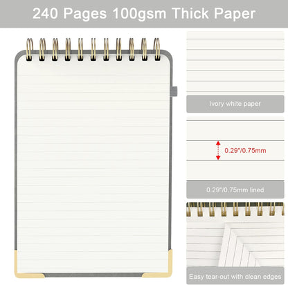 A5 Top Spiral Notebook, Large Leather Hardcover Top Bound Steno Pads, 240 Pages 100 gsm Thick Lined Paper Left Handed Notebook Journal for Work, School, Meeting Writing - Brown, 5.9" x 8.5"