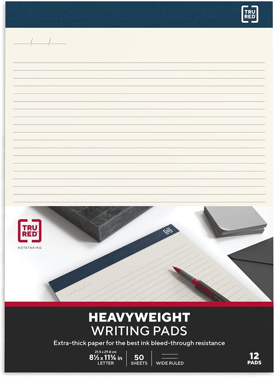TRU RED Notepads, 8.5” x 11.75”, Wide Ruled, Canary, 50 Sheets/Pad, 12‑Pack