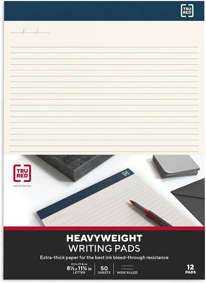 TRU RED Notepads, 8.5” x 11.75”, Wide Ruled, Canary, 50 Sheets/Pad, 12‑Pack