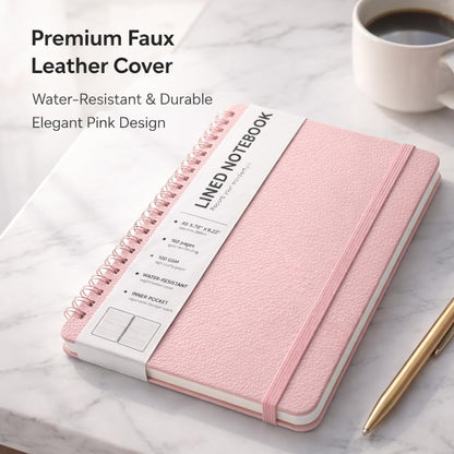 Lined Spiral Journal Notebook, A5 Hardcover Leather Notebook for Work, 5.7''×8.2'', 100GSM Thick Paper Spiral Bound Journaling Notebooks for Women & Men Office School Note Taking Business, Black