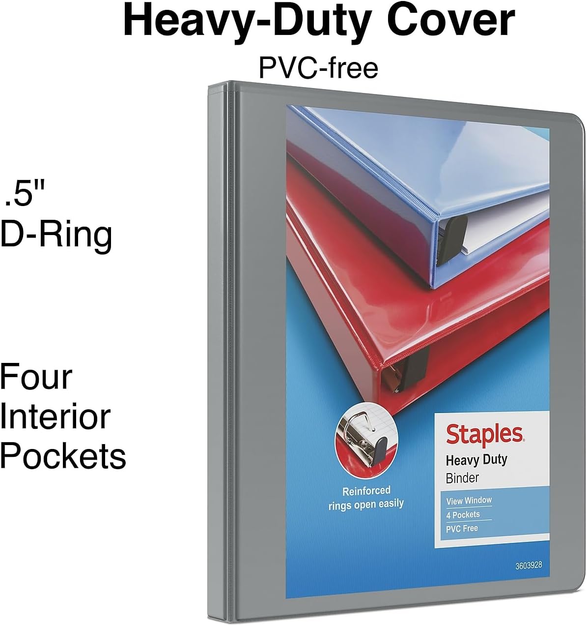 Staples Heavy-Duty 2-Inch D-Ring View Binder, Reinforced Spine, Holds Up to 450 Sheets, Gray, for Office & School
