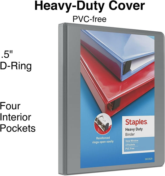 Staples Heavy-Duty 2-Inch D-Ring View Binder, Reinforced Spine, Holds Up to 450 Sheets, Gray, for Office & School