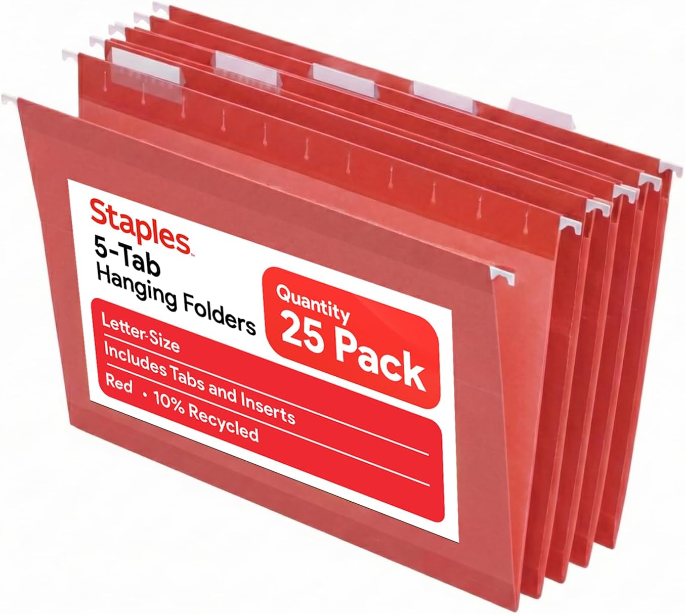 Staples Hanging File Folders, Letter Size, Blue, 5‑Tab, 1/5‑Cut Tabs, Includes Tabs & Inserts – 25/Pack
