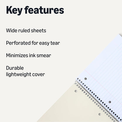 Amazon Basics Wide Ruled 3-Subject Spiral Notebooks with Pocket Dividers, 150 Sheets, 10.5" x 8", Assorted Primary Colors, 3-Pack
