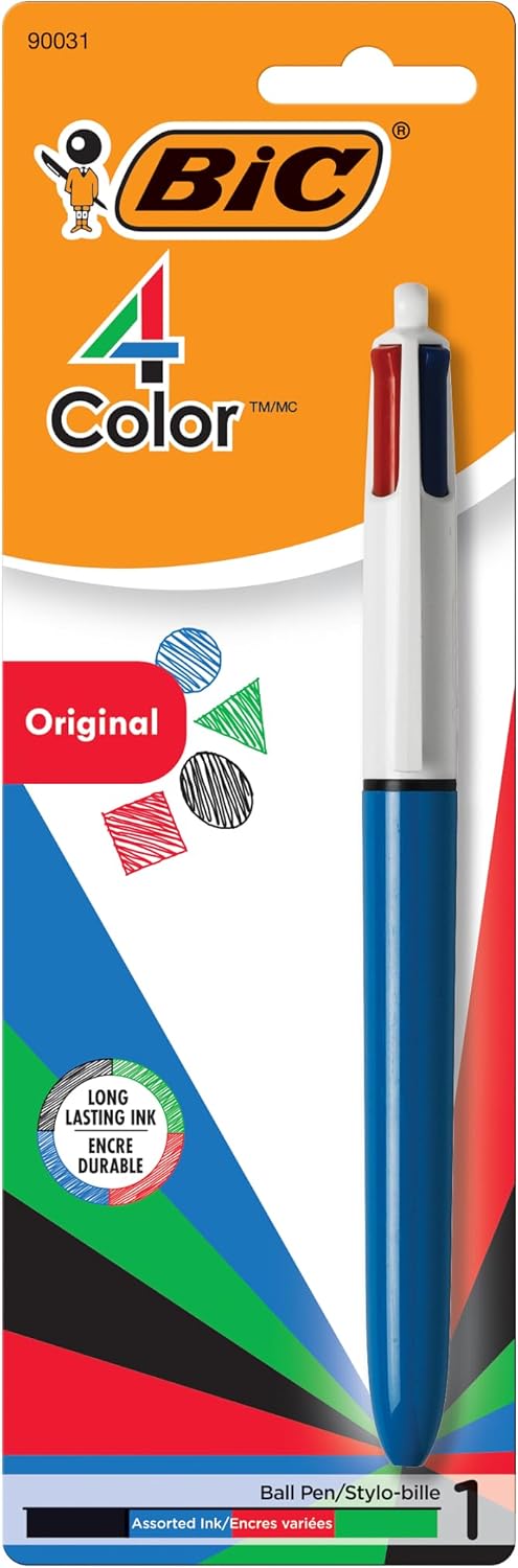 BIC 4-Color 3+1 Retractable Ballpoint Pen with Red, Blue, Black Ink and 0.7 mm Mechanical Pencil, 1-Count in Assorted Ink