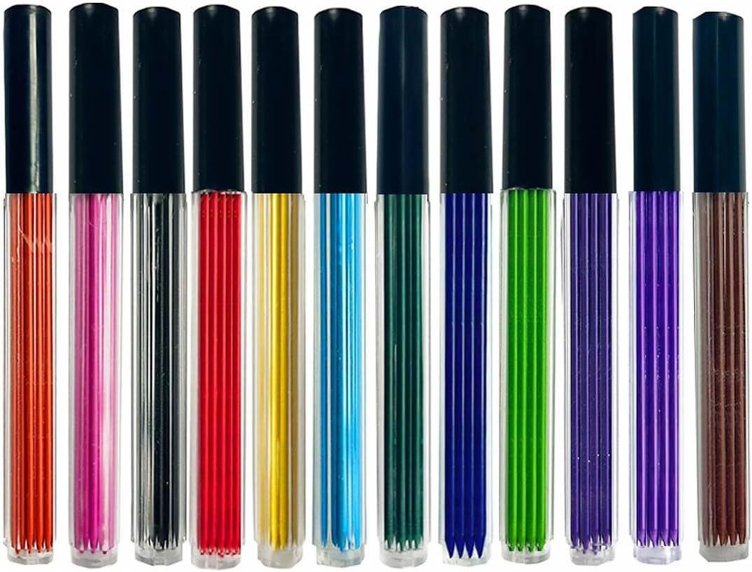 MROOFUL 2.0mm 96 pieces 12 Color Pencil Leads, Lead Filled Art Sketching Supplies, Red, Blue, Yellow, Green, Pink Pencil Leads, Automatic Lead