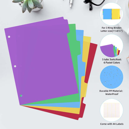 24PCS/3 Set 3-Ring Binder Dividers with Tabs,8 Tab Plastic File Dividers,Binder Separators with tabs for Office/School Supplies