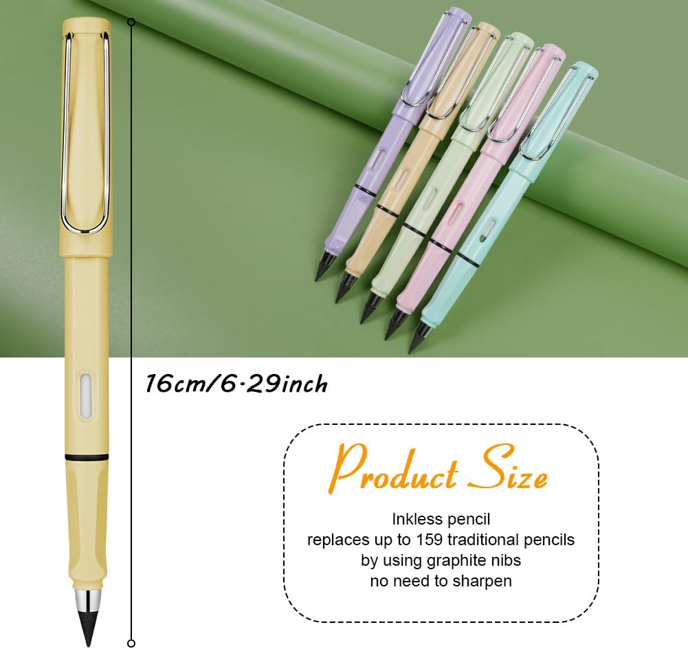Ainiv Inkless Pencil with Eraser - 5 Sets Infinity Pencil, Reusable with Extra 5 Eraser & 5 Replaceable Nibs for Home, Office & School Writing, Drawing