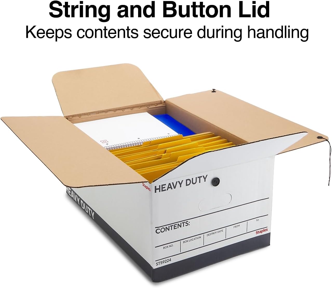 STAPLES Storage & Filing Box, Heavy-Duty with Handles & String-Button Lid, Letter Size Documents, Stackable, 4-Pack, White/Gray