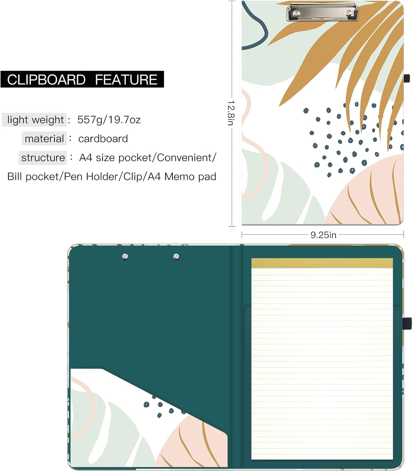 Hongri Clipboard Folio with Refillable Lined Notepad and Interior Storage Pocket for Students, Classroom, Office, Women, Man, Cute Custom Pattern, Size 12.8 x 9.2 in, Classic Flower