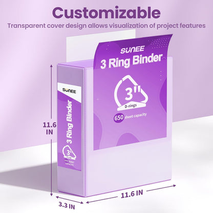 SUNEE 3 Ring Binder 2 Inch, Clear View Binder Three Ring PVC-Free (Fit 8.5x11 Inches) for School or Office Supplies, Light Purple, 1 Pack