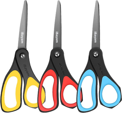 Scissors, iBayam 8" All Purpose Scissors Bulk 3-Pack, Ultra Sharp 2.5mm Thick Blade Shears Comfort-Grip for Aesthetic Fun Cute School Office Teacher Desk Crafts and Art Supplies Accessories Essential