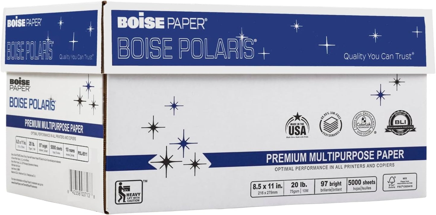 Boise Paper Premium Multipurpose Copy Paper | 8.5" x 11" Letter | 97 Bright White, 24 lb. | 10 Ream Carton (5,000 Sheets)