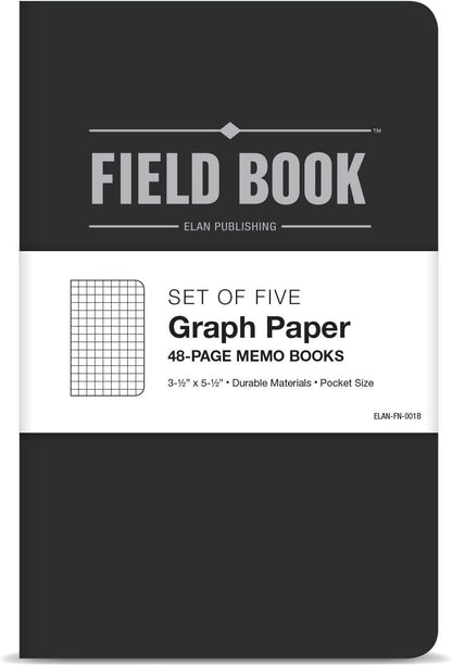 Elan Publishing Company Field Notebook/Pocket Journal - 3.5"x5.5" - Black - Graph Memo Book - Pack of 5