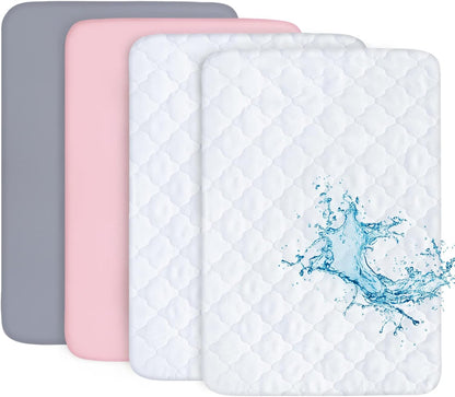 Pack and Play Sheets and Waterproof Pack n Play Mattress Protector Pad Cover 4 Pack Set, Ultra Soft Pack n Play Mattresses Sheets Compatible with Graco Pack n Play, Grey&Navy