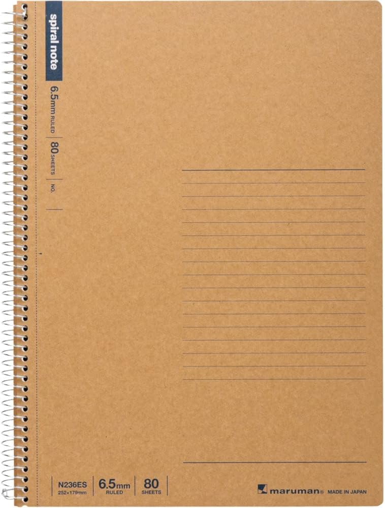 Maruman Spiral Note Basic Lined Notebook- A5, 8.31" x 6.26", 150 Sheets / 300 Pages, 6.5mm Narrow Ruled Journal, Perforated Pages & Wire-Bound to Lay Flat, Sturdy Kraft Cover, Made in Japan