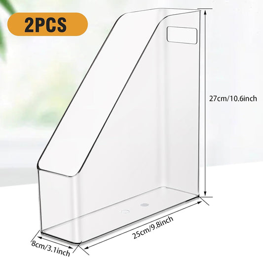 MAQUITA Magazine Holder, 2 Pack Acrylic Magazine File Holder,A4 Vertical File Organizer with Handle for Desk,Clear Document Rack File Folder Storage Bin