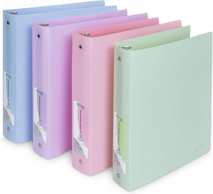 Enday 3 Ring Binder 1 inch (4 Pack) Pastel Flexible Binders Round Ring with Pocket, Holds 175 Sheets, for Home and School Supplies in Blue, Purple, Pink and Green – by Enday