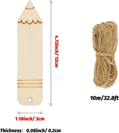 Whaline 50Pcs Back to School DIY Craft Cutout Wooden Pencil Shaped Hanging Ornaments with Hemp Rope for First Day of School Classroom Party Decoration Supplies