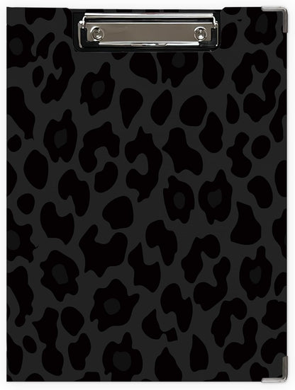 Trendy Black Leopard Print Clipboard Folio with Storage for Office Classroom, Preppy Dark Cheetah Print Padfolio with Metal Clip for Nurses Teachers Students Women Men, 12.4x9.25 in