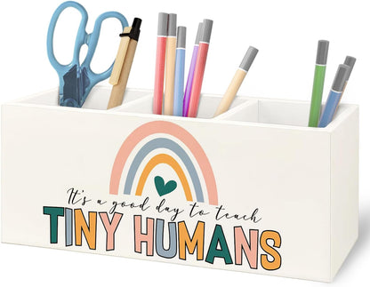 Teacher Appreciation Gifts, Boho Rainbow Teacher Wooden Pen Pencil Holder for Office Desk, Back to School Supplies Gifts for Teachers, It's a Good Day to Teach Tiny Humans
