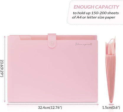 Expanding File Folder, Accordion File Organizer with 8 Pockets, Expandable Document Paper Receipt Holder for School Office Hospital, Letter/A4 Size Pink