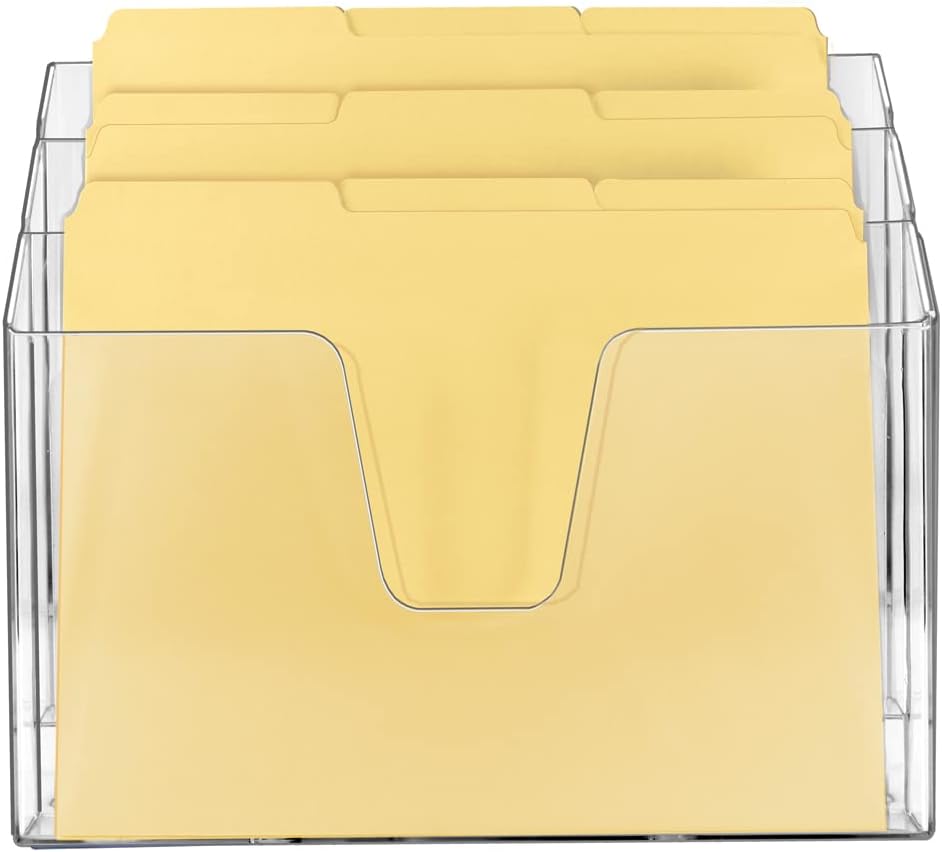 Acrimet Horizontal Triple File Folder Holder Organizer, Open-Top Desktop Document Sorter for Letter Size Papers & Folders, Includes 9 Manila Folders, Plastic Clear Crystal