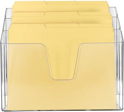Acrimet Horizontal Triple File Folder Holder Organizer, Open-Top Desktop Document Sorter for Letter Size Papers & Folders, Includes 9 Manila Folders, Plastic Clear Crystal